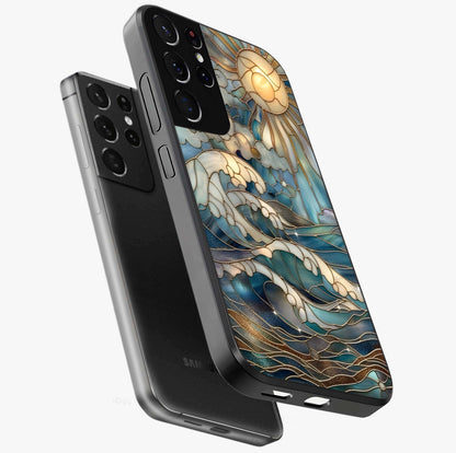 Oceanic Stained Printed Glass Case displayed in angled mockup highlighting colorful aquatic design with artistic aesthetic style.