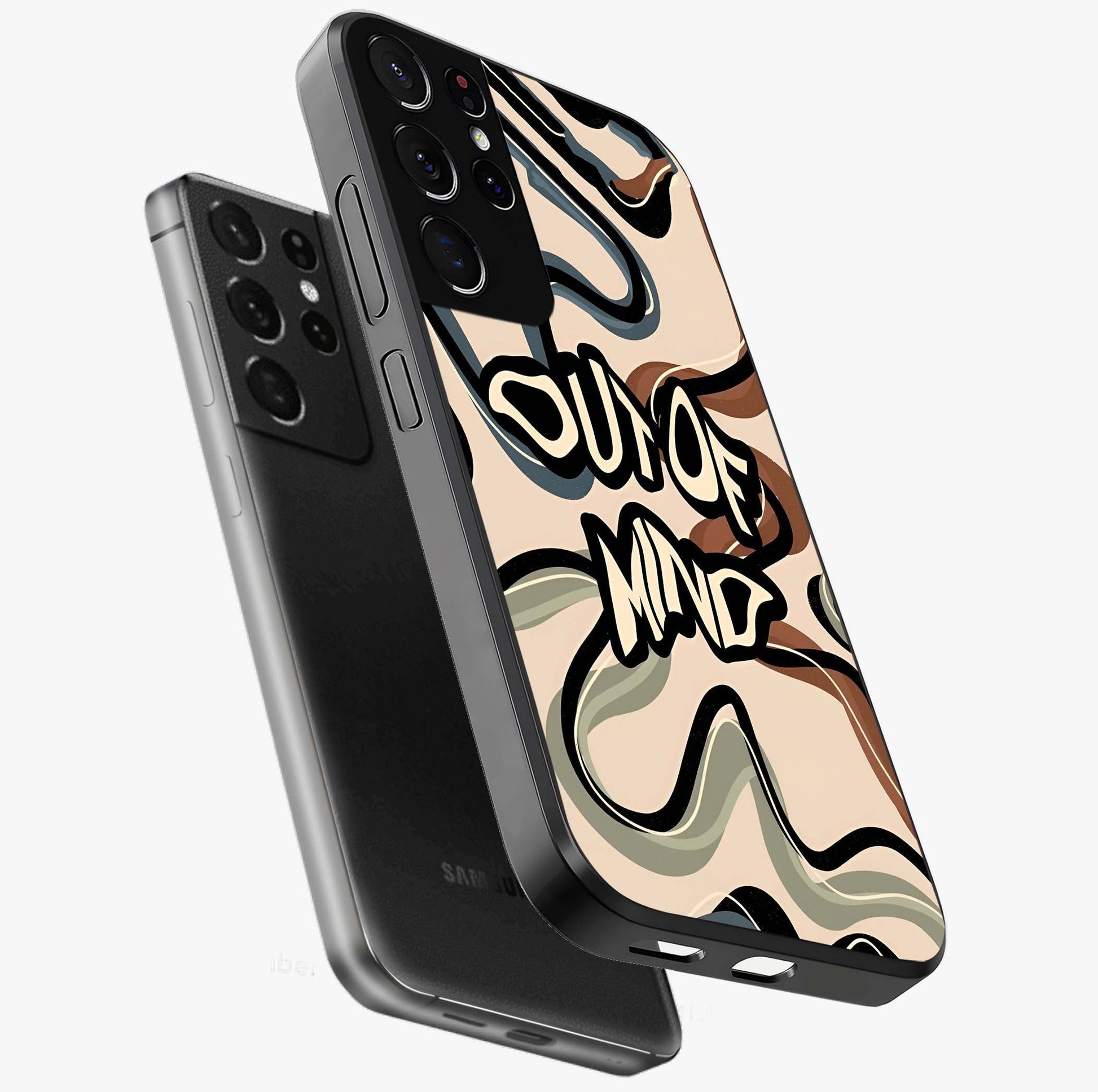 Out Of Mind Glass Case displayed in angled mockup highlighting bold statement design with modern artistic aesthetic.