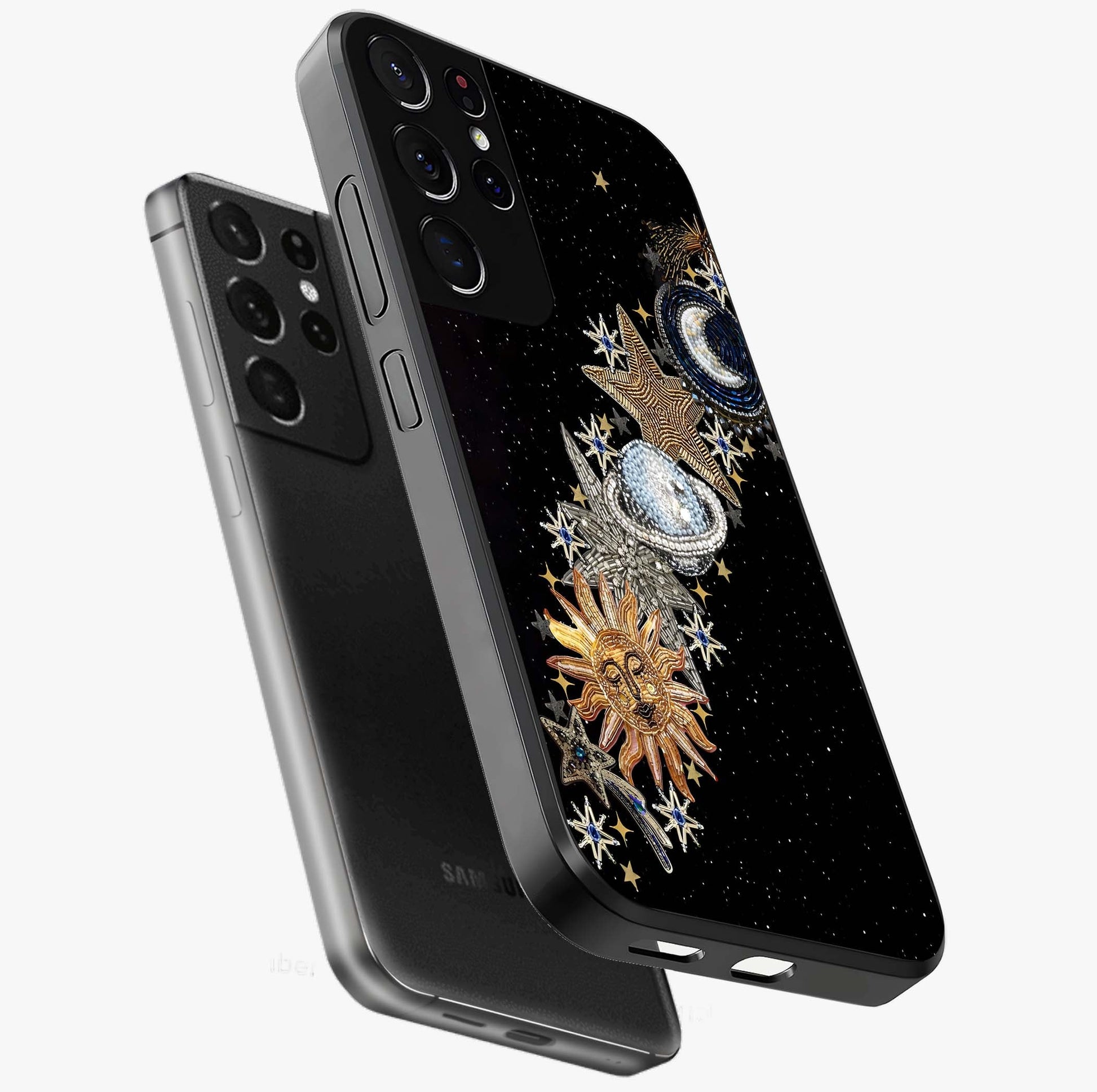 Pearls Universe Object Glass Case displayed in angled mockup highlighting celestial pearl design with dreamy aesthetic.