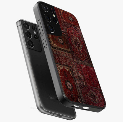 Persian Velvet Tale Glass Case displayed in angled mockup highlighting ornate textile inspired design with royal aesthetic.