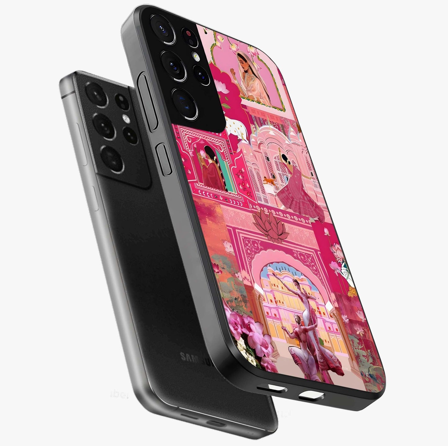 Pink Palace Muse Glass Case displayed in angled mockup highlighting dreamy palace illustration with soft pink aesthetic.