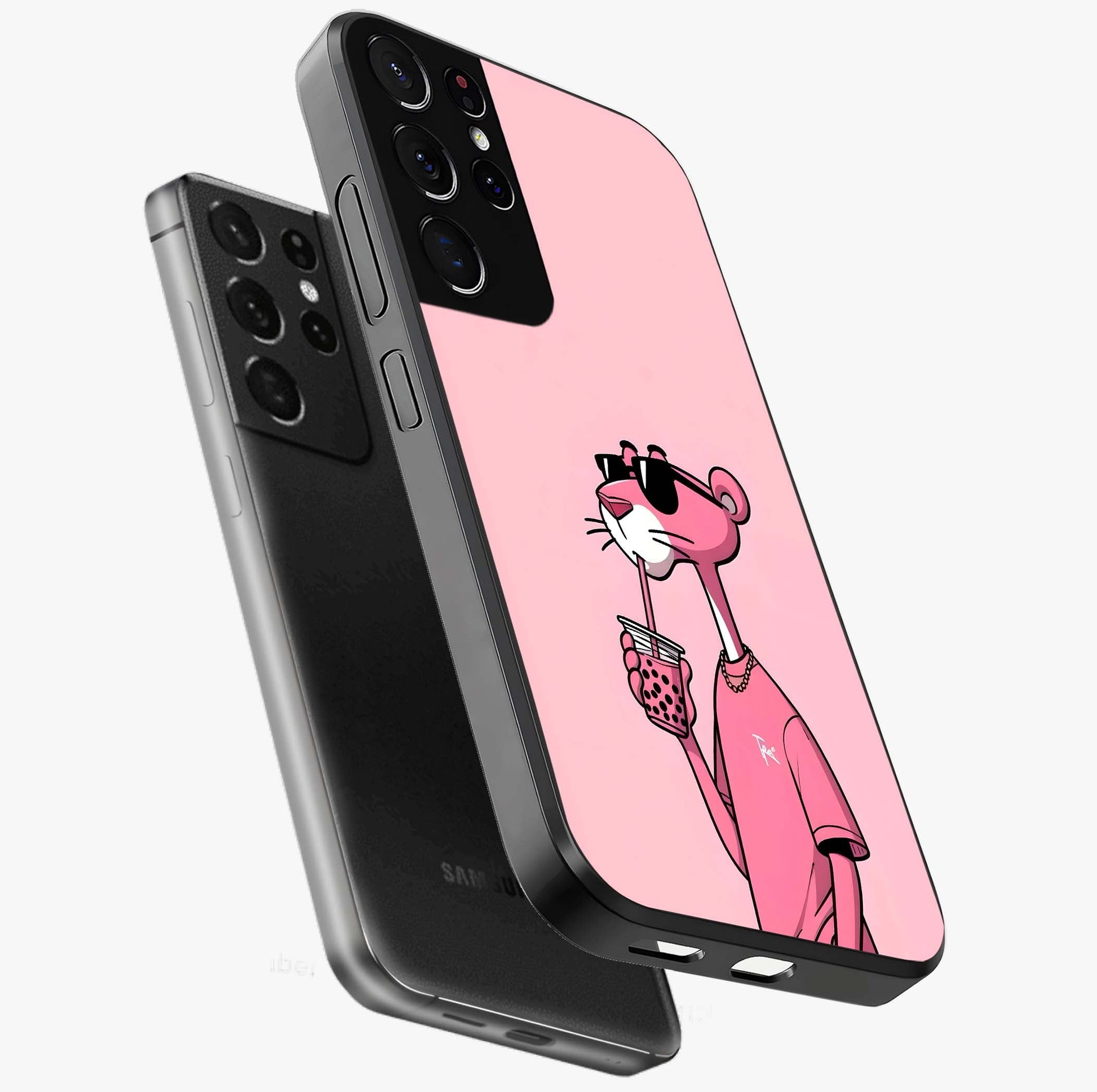 Pink Panther Glass Case displayed in angled mockup highlighting playful cartoon character design with vibrant pink aesthetic.