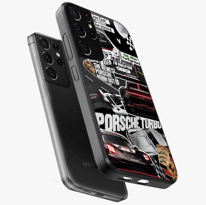Porsche Racing Collage Glass Case displayed in angled mockup highlighting dynamic automotive design with bold racing aesthetic.