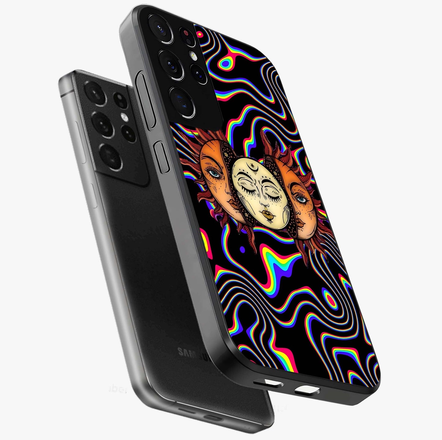 Psychedelic Sun Glass Case displayed in angled mockup highlighting vibrant abstract sun design with artistic aesthetic style.