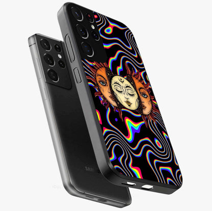Psychedelic Sun Glass Case displayed in angled mockup highlighting vibrant abstract sun design with artistic aesthetic style.