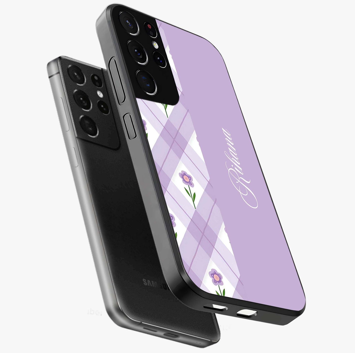 Purple Diamond Floral Glass Case displayed in angled mockup highlighting elegant purple flower design with decorative pattern.