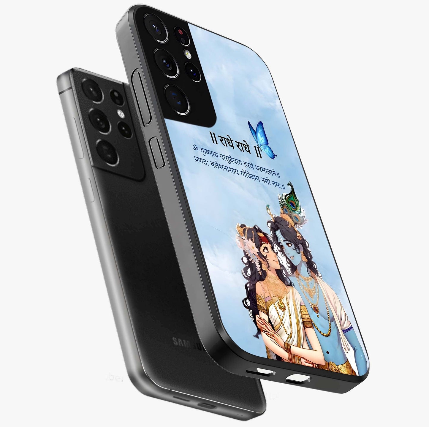 Radha Krishna Eternal Glass Case displayed in angled mockup highlighting divine Radha Krishna illustration with spiritual aesthetic.