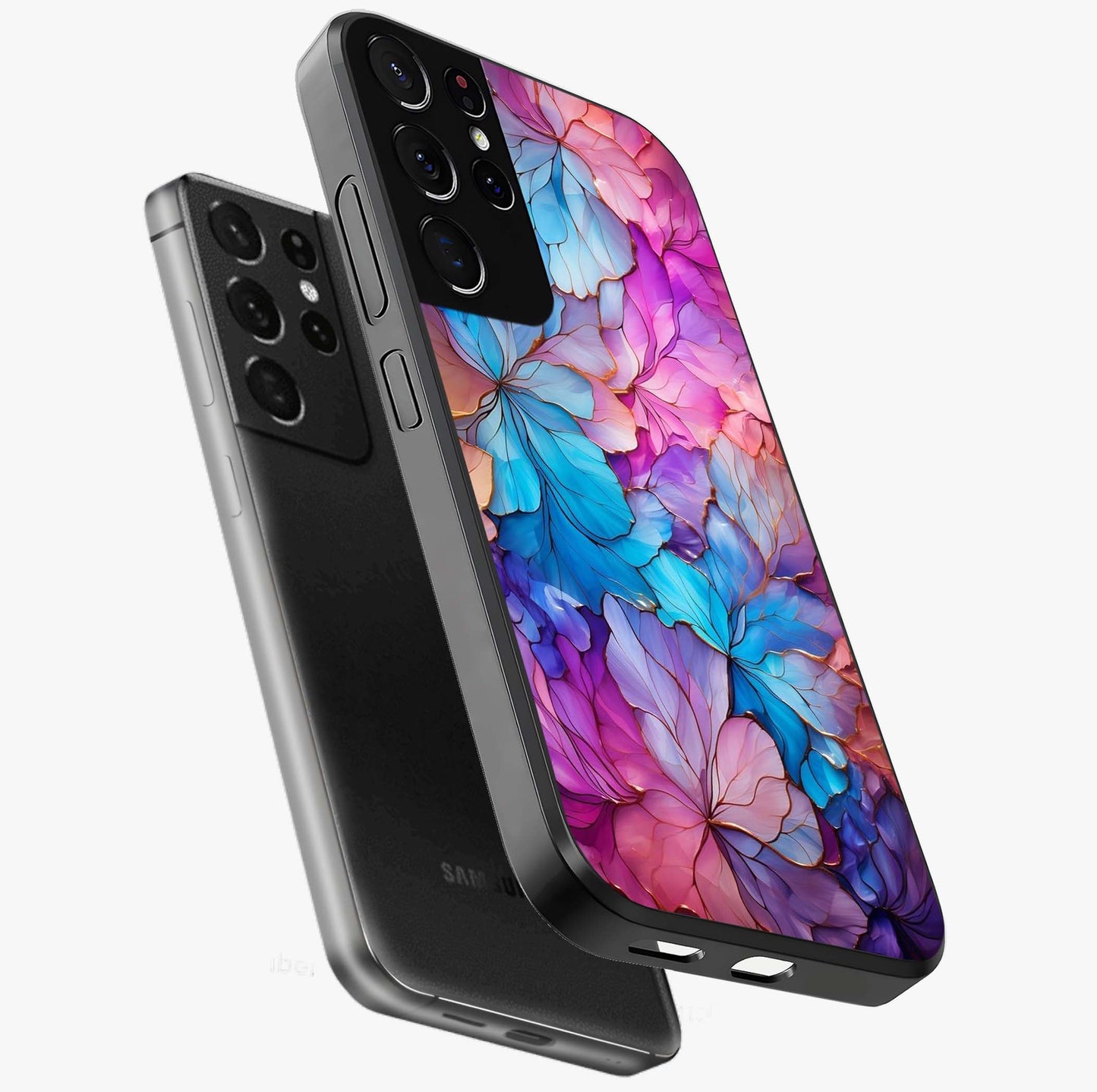 Radiant Floral Whirl Glass Case displayed in angled mockup highlighting vibrant flower pattern with dynamic artistic aesthetic.