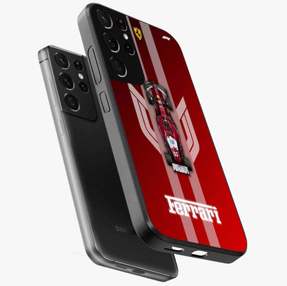 Red Ferrari F1 Vertical Glass Case displayed in angled mockup highlighting high speed racing design with bold automotive aesthetic.