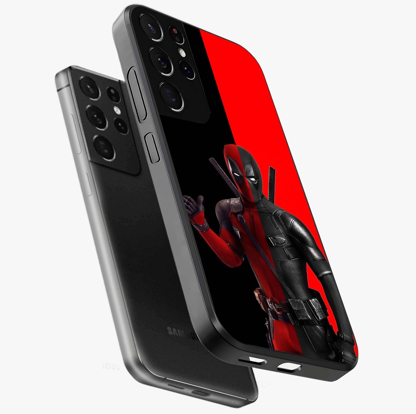 Red & Black Deadpool Theme Glass Case displayed in angled mockup highlighting vibrant superhero style illustration with action aesthetic.