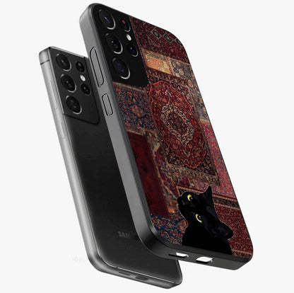 Regal Magic Cat Apple Glass Case displayed in angled mockup highlighting whimsical feline design with fantasy aesthetic.