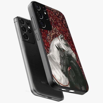 Regal Stallion Tapestry Glass Case displayed in angled mockup highlighting royal stallion design with decorative heritage aesthetic.