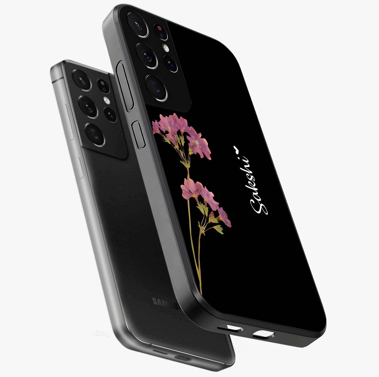 Riching Lavender Flower Custom Name Glass Case displayed in angled mockup highlighting delicate lavender flower design with custom name feature.