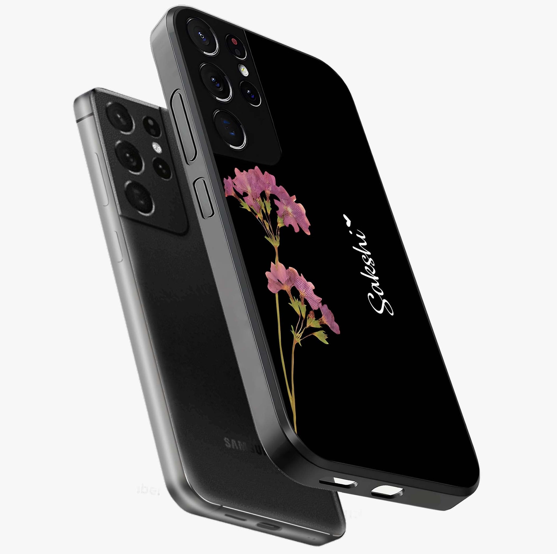 Riching Lavender Flower Custom Name Glass Case displayed in angled mockup highlighting delicate lavender flower design with custom name feature.