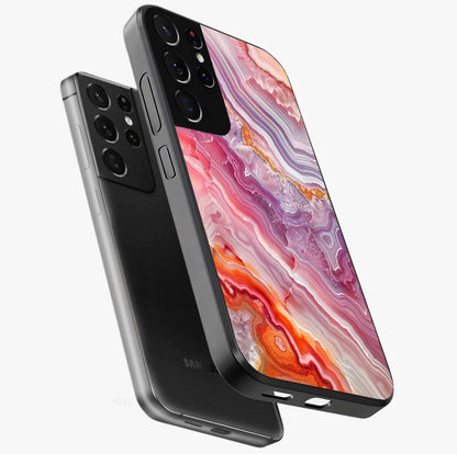 Rose Quartz Marble Glass Case displayed in angled mockup highlighting elegant marble pattern with soft aesthetic style.