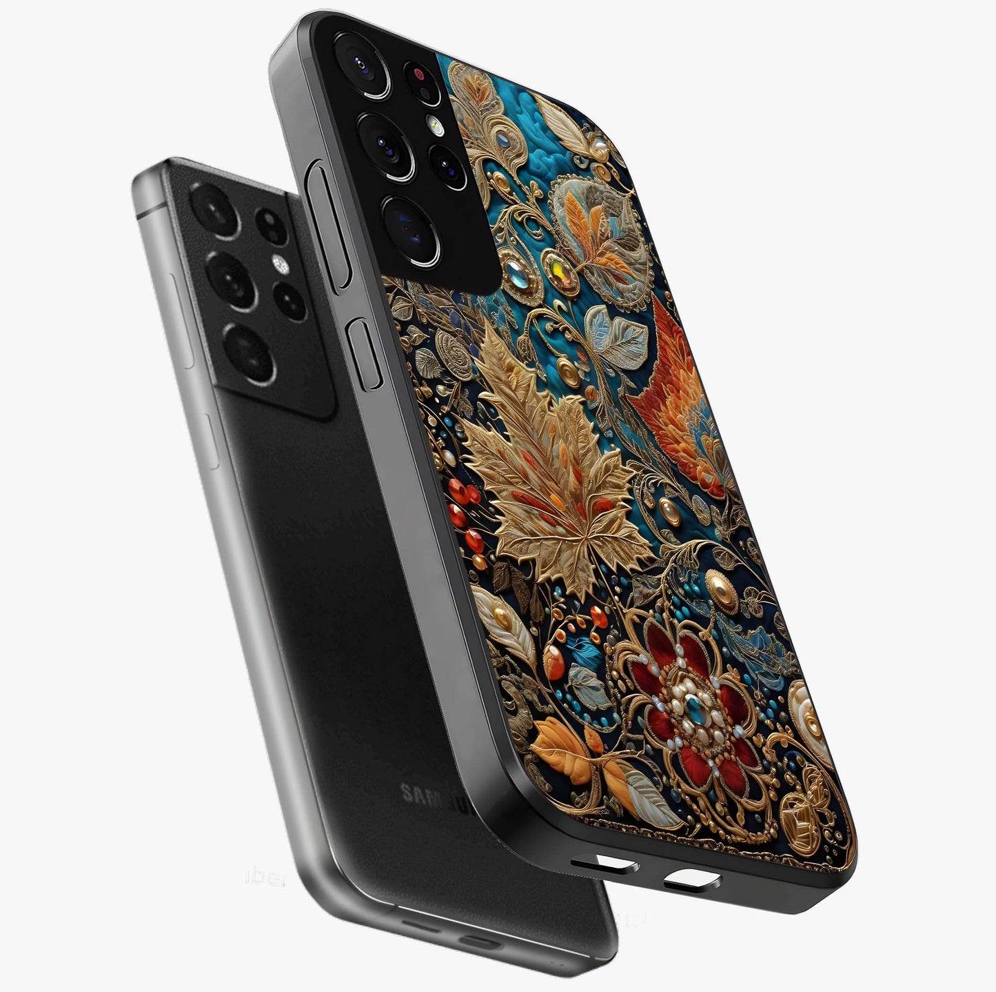 Royal Jewel Garden Glass Case displayed in angled mockup highlighting vibrant jewel inspired floral design with elegant aesthetic.