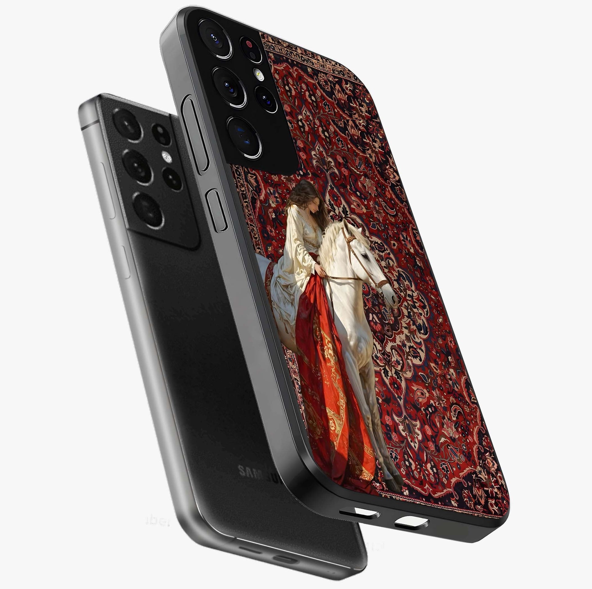 Royal Rider Tapestry Glass Case displayed in angled mockup highlighting traditional tapestry design with royal heritage aesthetic.