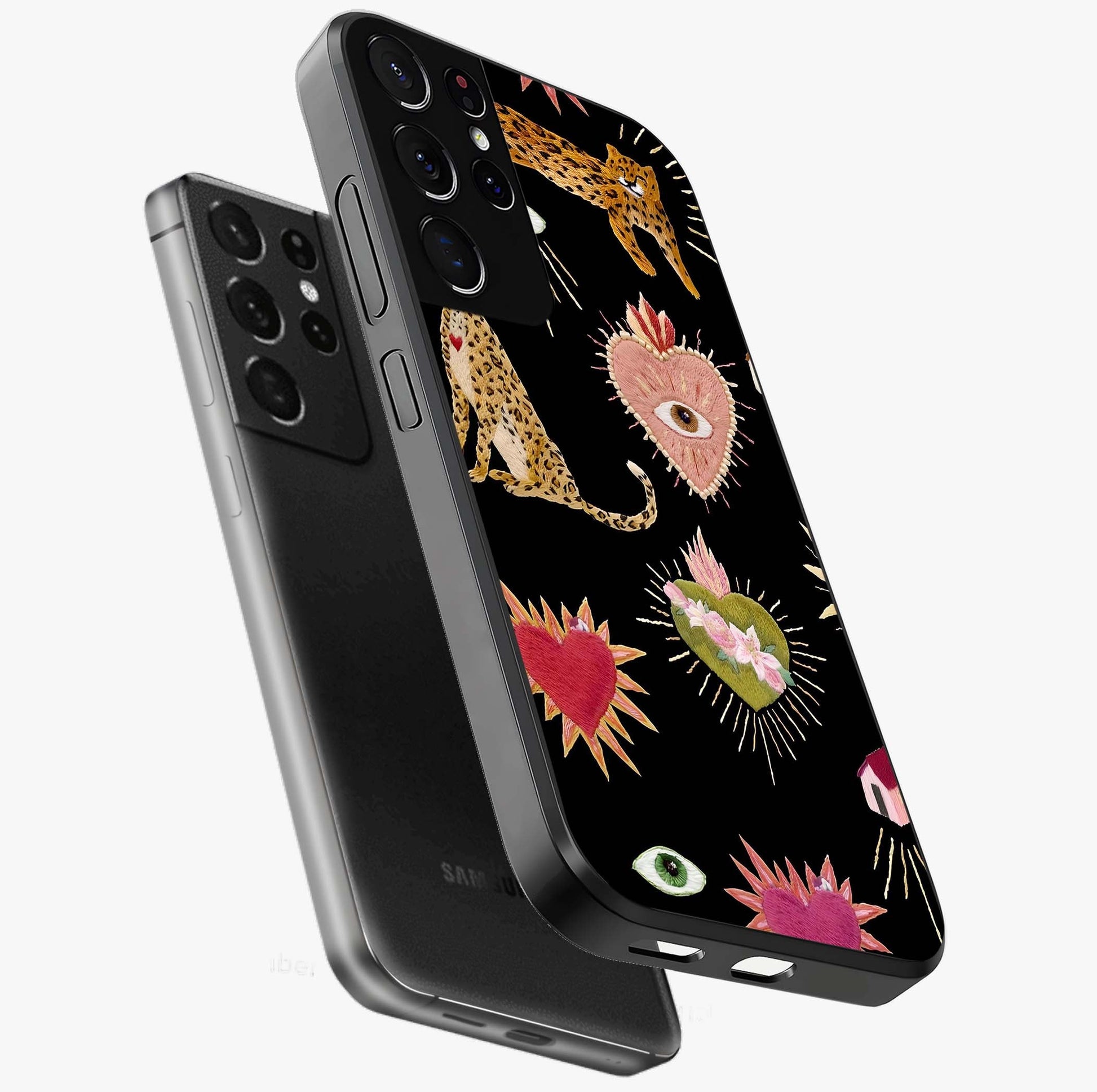 Sacred Jungle Heart Glass Case displayed in angled mockup highlighting lush tropical design with natural aesthetic style.