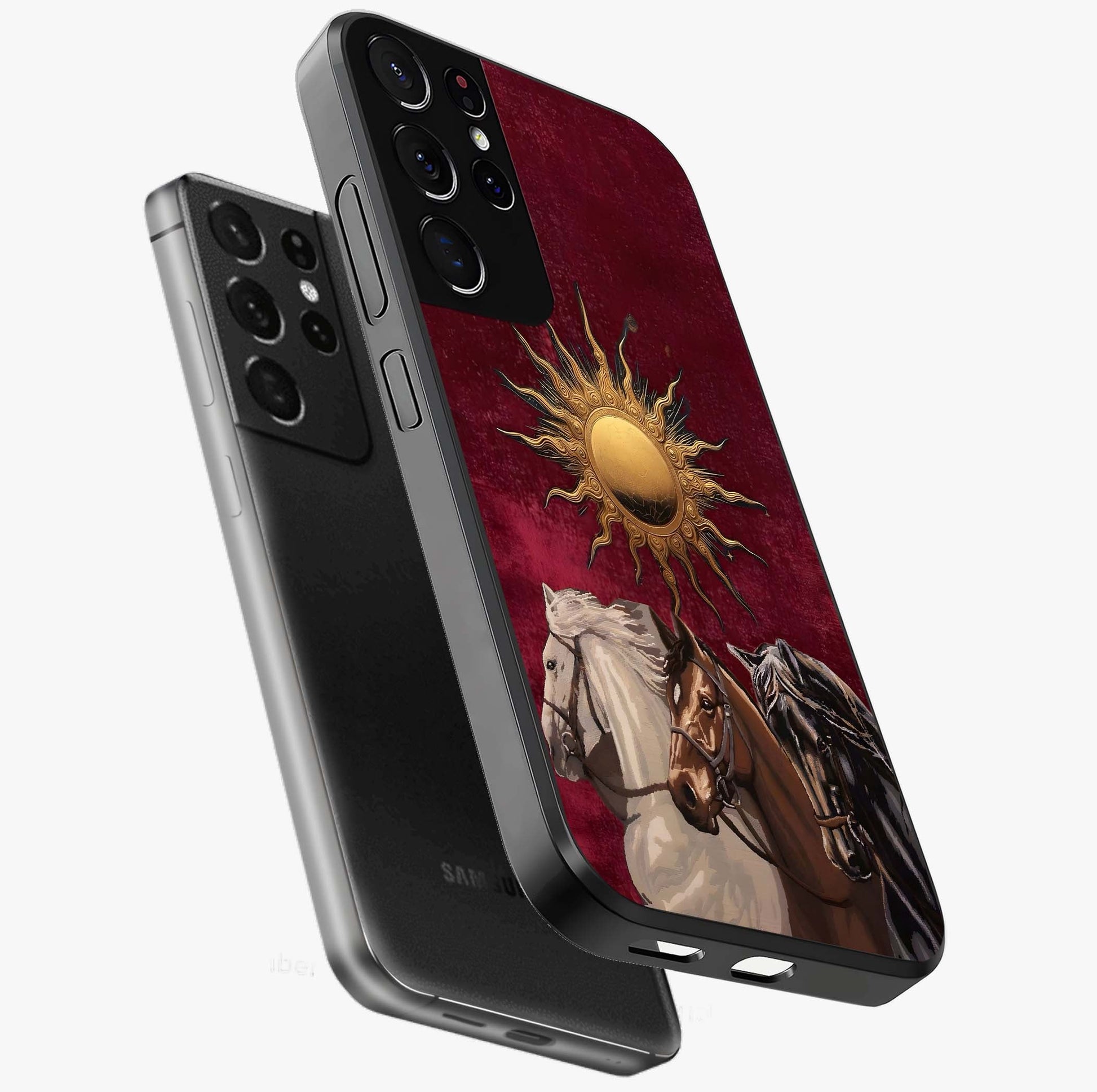 Solar Riders Glass Case displayed in angled mockup highlighting powerful rider illustration with radiant solar aesthetic.