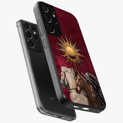 Solar Riders Glass Case displayed in angled mockup highlighting powerful rider illustration with radiant solar aesthetic.