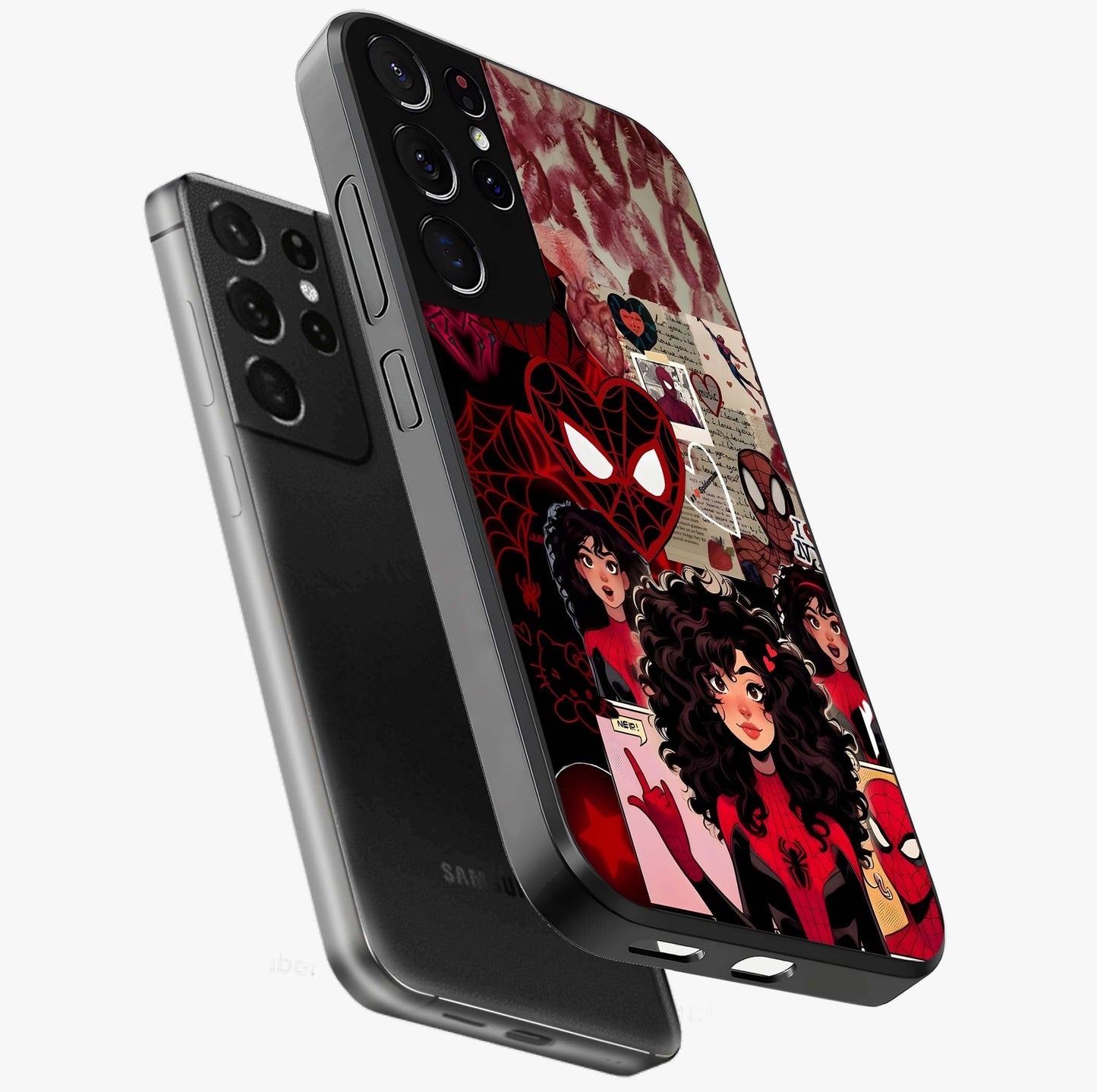 Spider Love Story Glass Case displayed in angled mockup highlighting expressive comic inspired design with playful aesthetic.