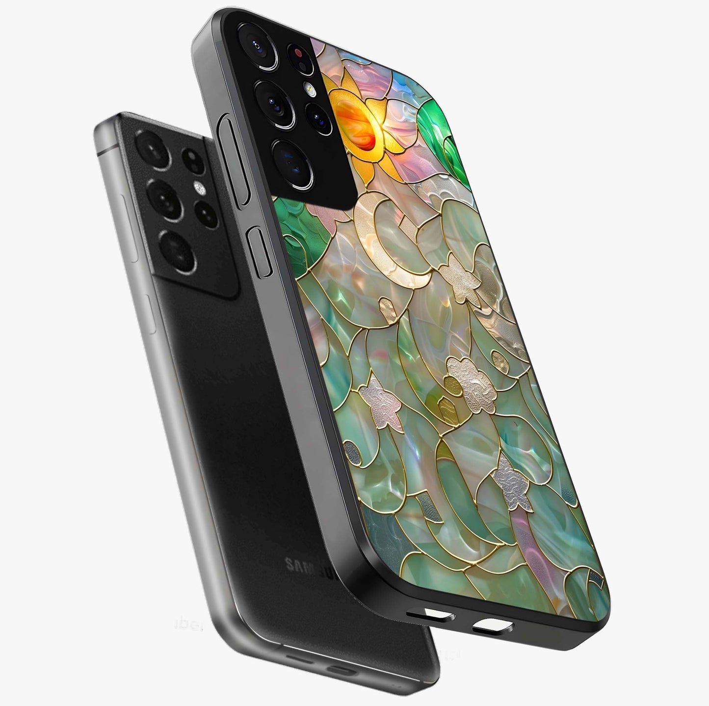 Stained Sunrise Glow Glass Case displayed in angled mockup highlighting radiant sunrise design with artistic aesthetic style.