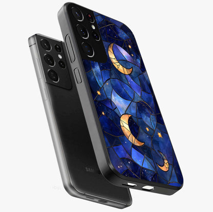 Starlit Sky Tapestry Glass Case displayed in angled mockup highlighting celestial night pattern with artistic aesthetic style.