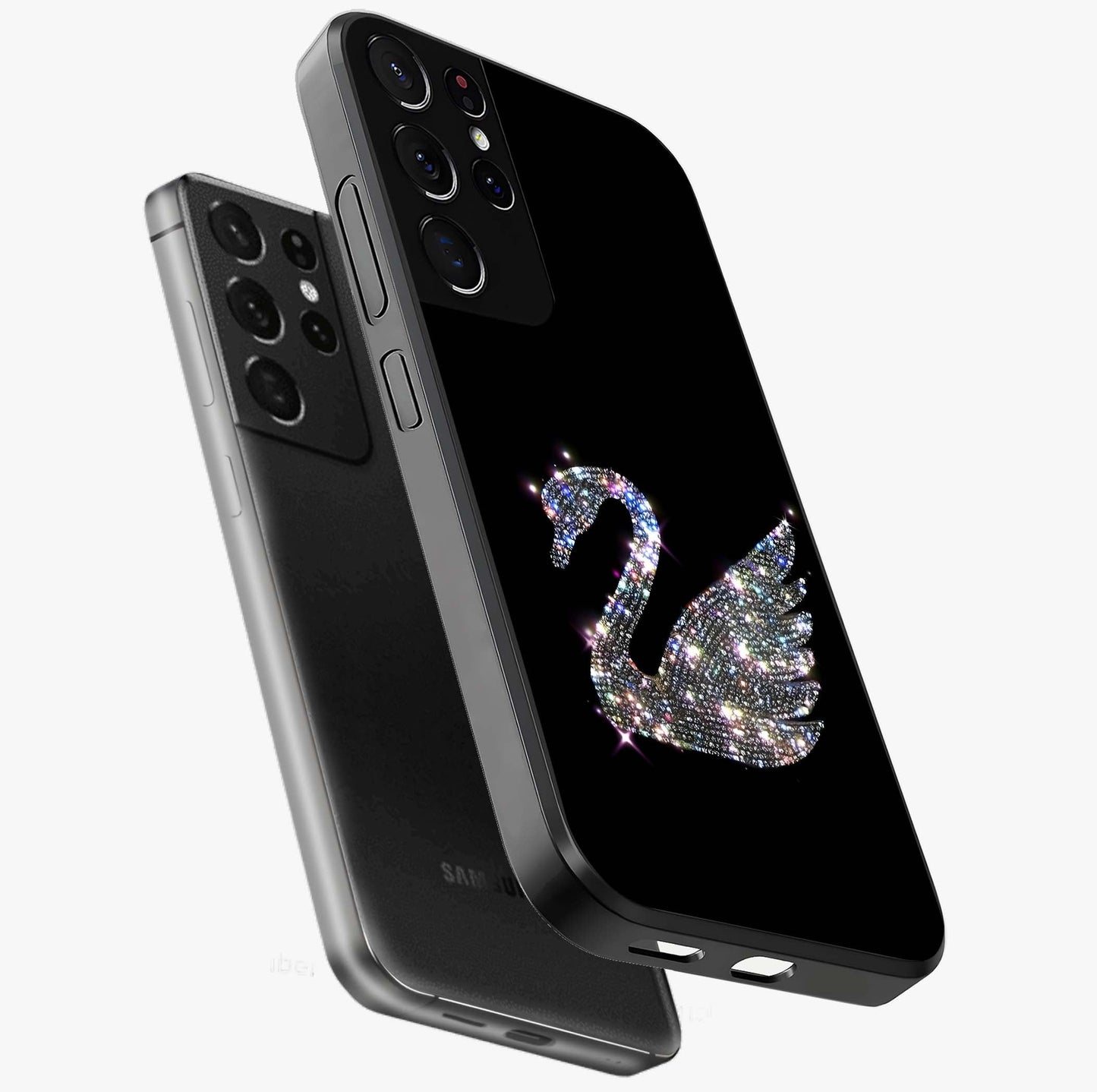 Starlit Swan Grace Glass Case displayed in angled mockup highlighting elegant swan illustration with dreamy celestial aesthetic.
