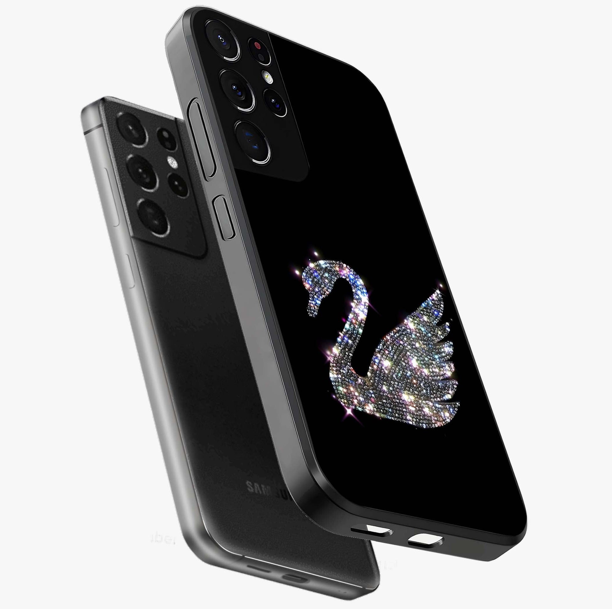 Starlit Swan Grace Glass Case displayed in angled mockup highlighting elegant swan illustration with dreamy celestial aesthetic.