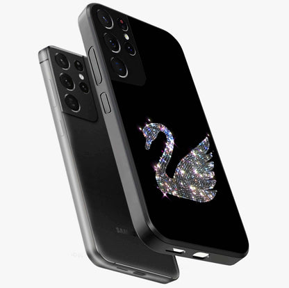Starlit Swan Grace Glass Case displayed in angled mockup highlighting elegant swan illustration with dreamy celestial aesthetic.