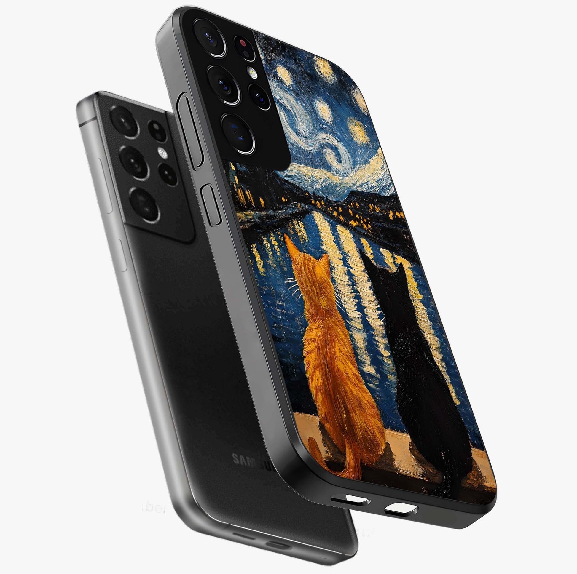 Starry River Cats Glass Case displayed in angled mockup highlighting charming feline illustration with dreamy night aesthetic.