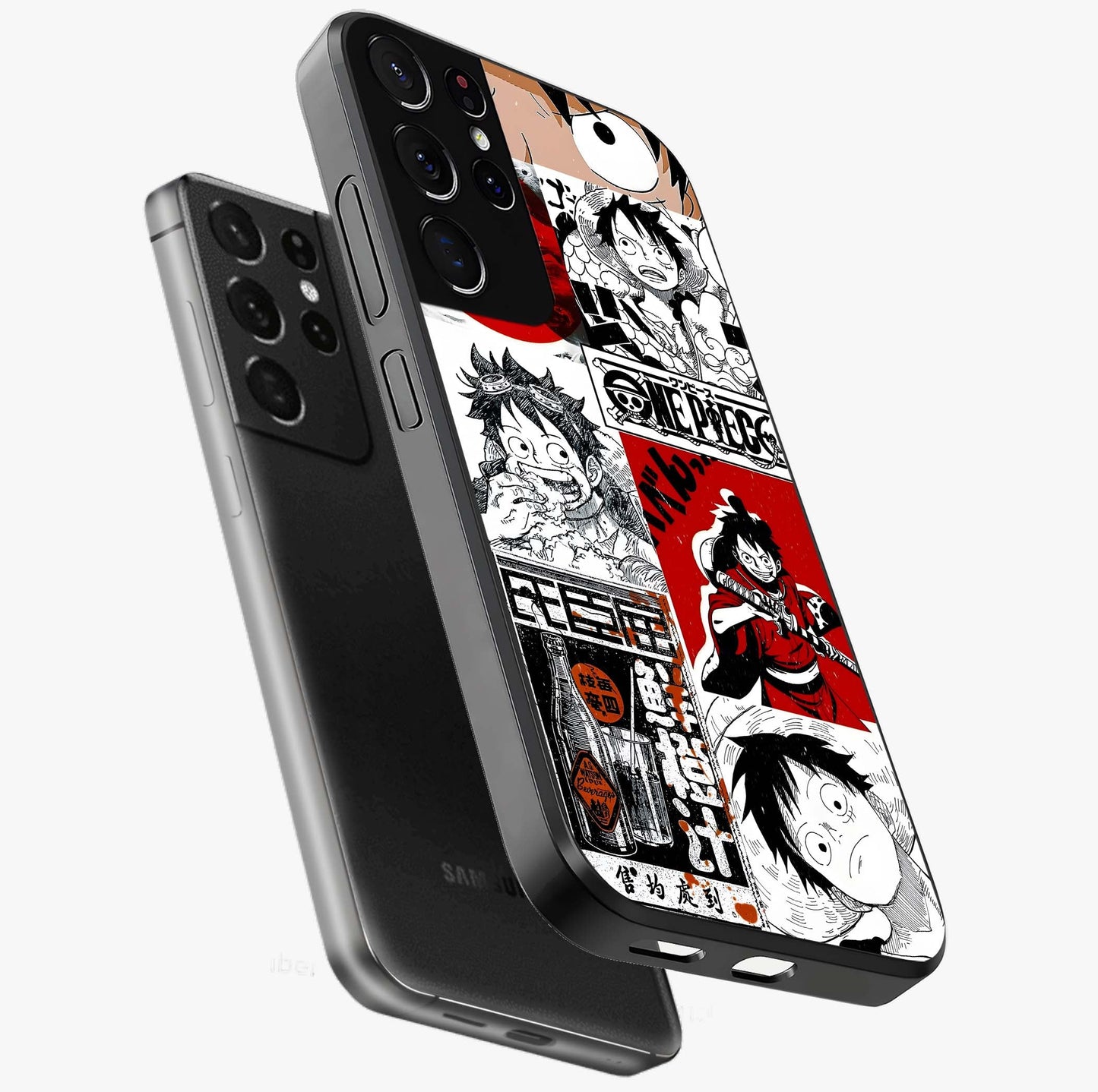 Strawhat Chaos Panels Glass Case displayed in angled mockup highlighting vibrant anime collage design with action aesthetic.