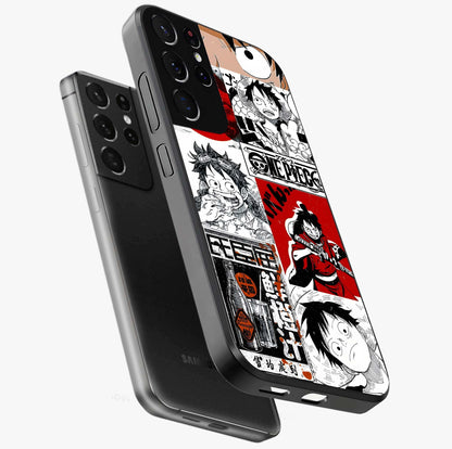 Strawhat Chaos Panels Glass Case displayed in angled mockup highlighting vibrant anime collage design with action aesthetic.