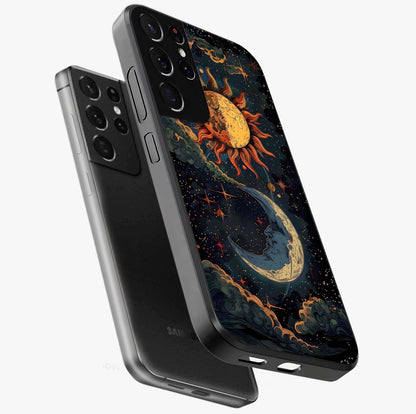 Sun And Moon Magic Design Glass Case displayed in angled mockup highlighting celestial design with magical cosmic aesthetic.