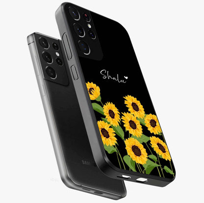 Sunflower Chic Mood Custom Name Glass Case displayed in angled mockup highlighting vibrant sunflower design with custom name feature.