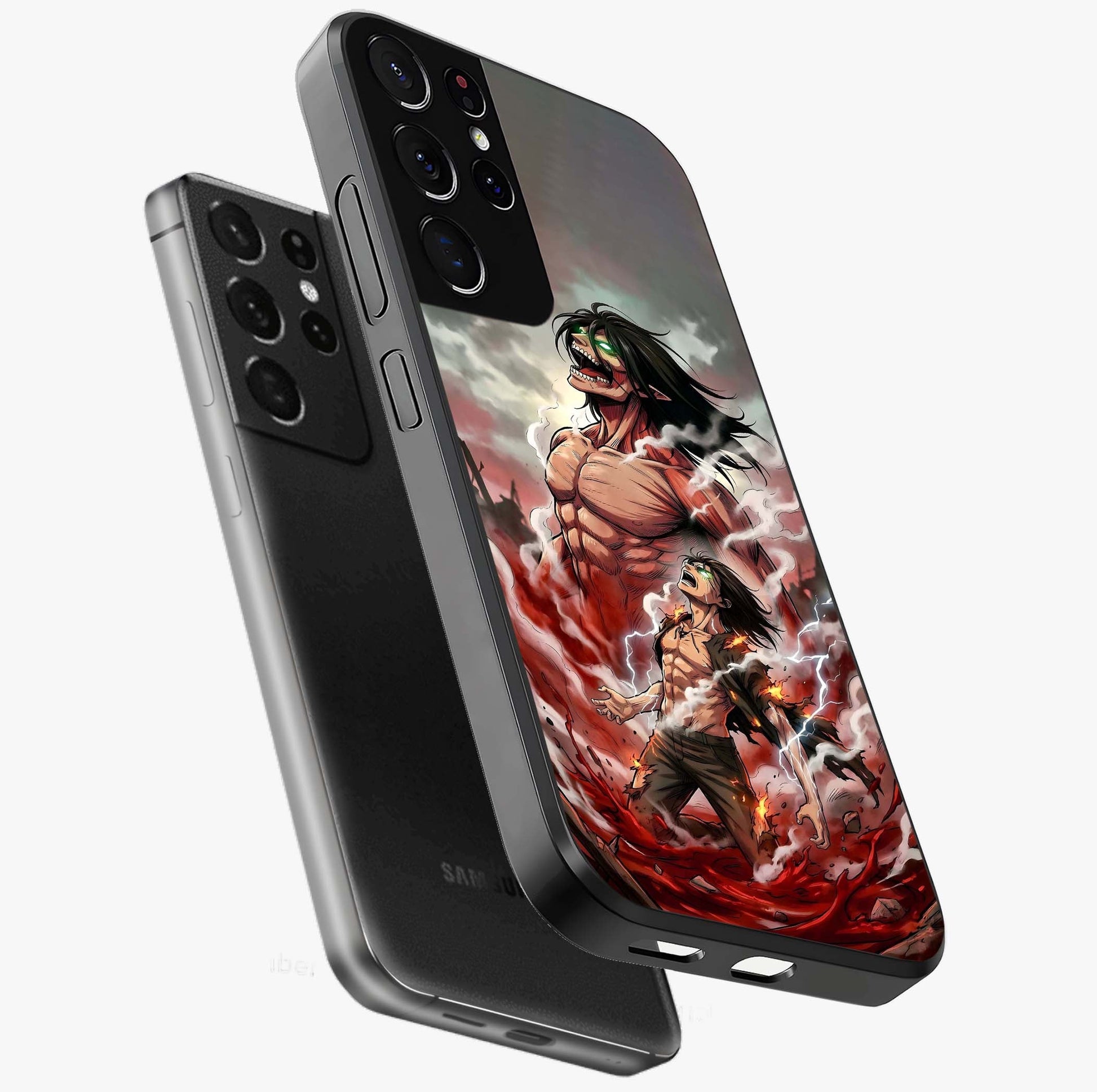 Titan Awakening Fury Glass Case displayed in angled mockup highlighting dramatic giant warrior design with bold anime aesthetic.