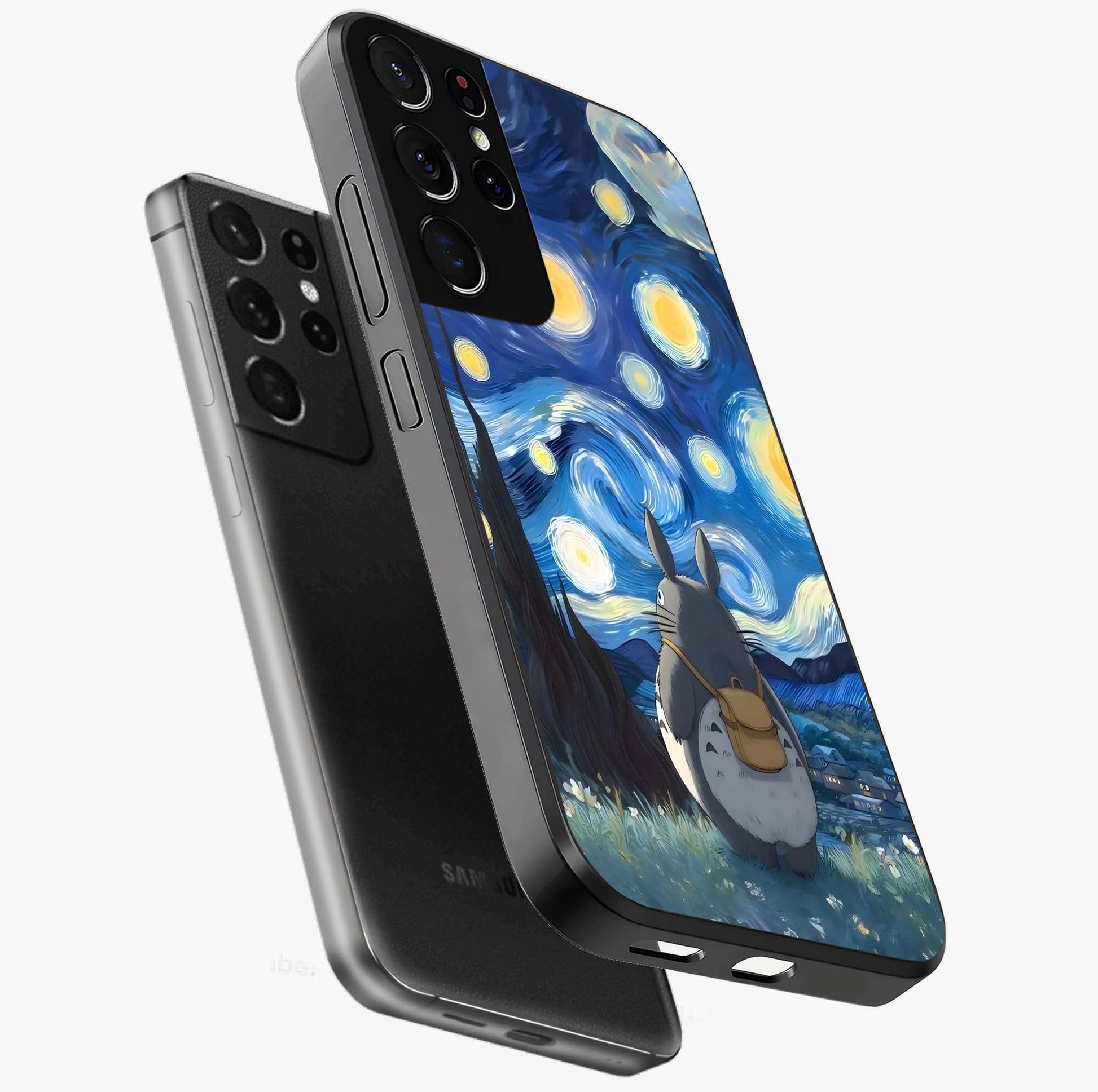 Totoro In Van Gogh Art Glass Case displayed in angled mockup highlighting artistic swirling sky design with playful animation aesthetic.