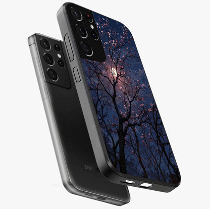 Twilight Sakura Serenade Glass Case displayed in angled mockup highlighting delicate sakura flower design with dreamy aesthetic.
