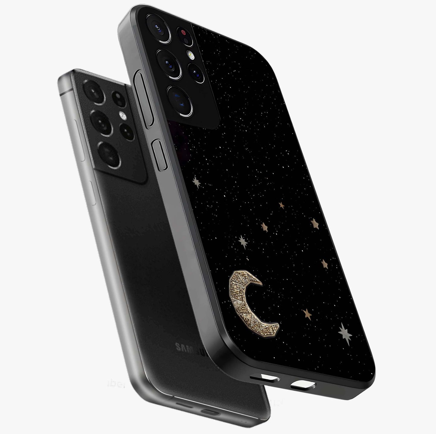 Twinkle Star With Half Moon Glass Case displayed in angled mockup highlighting celestial moon and star design with magical aesthetic.