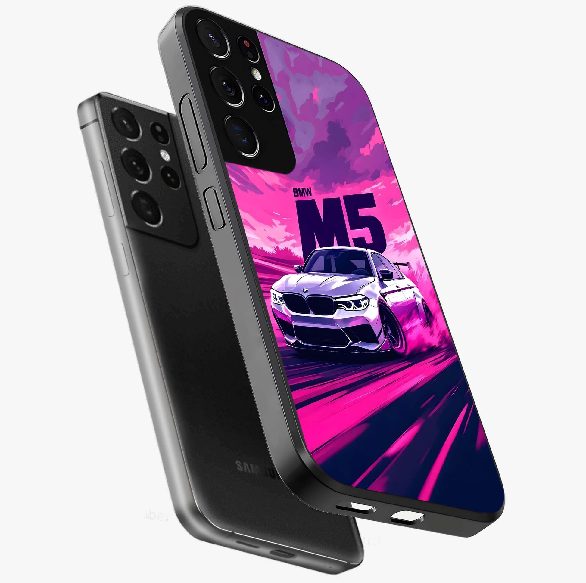 Velocity Drift Pulse Glass Case displayed in angled mockup highlighting dynamic drift design with sporty automotive aesthetic.