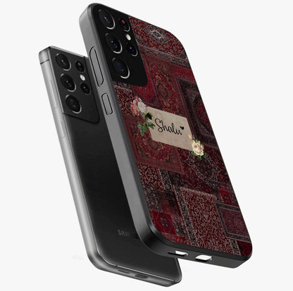Velvet Wine Pattern Custom Name Glass Case displayed in angled mockup highlighting decorative velvet inspired design with custom name feature.