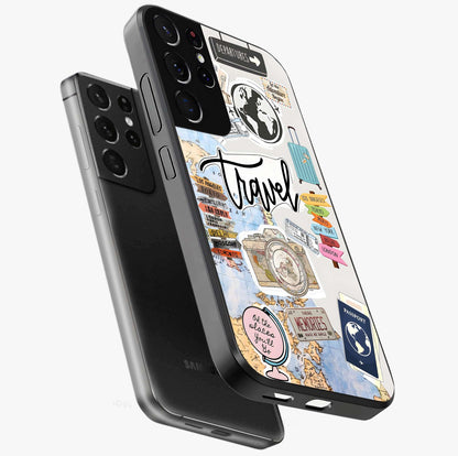Wanderlust Journal Glass Case displayed in angled mockup highlighting adventure themed design with aesthetic travel vibe.