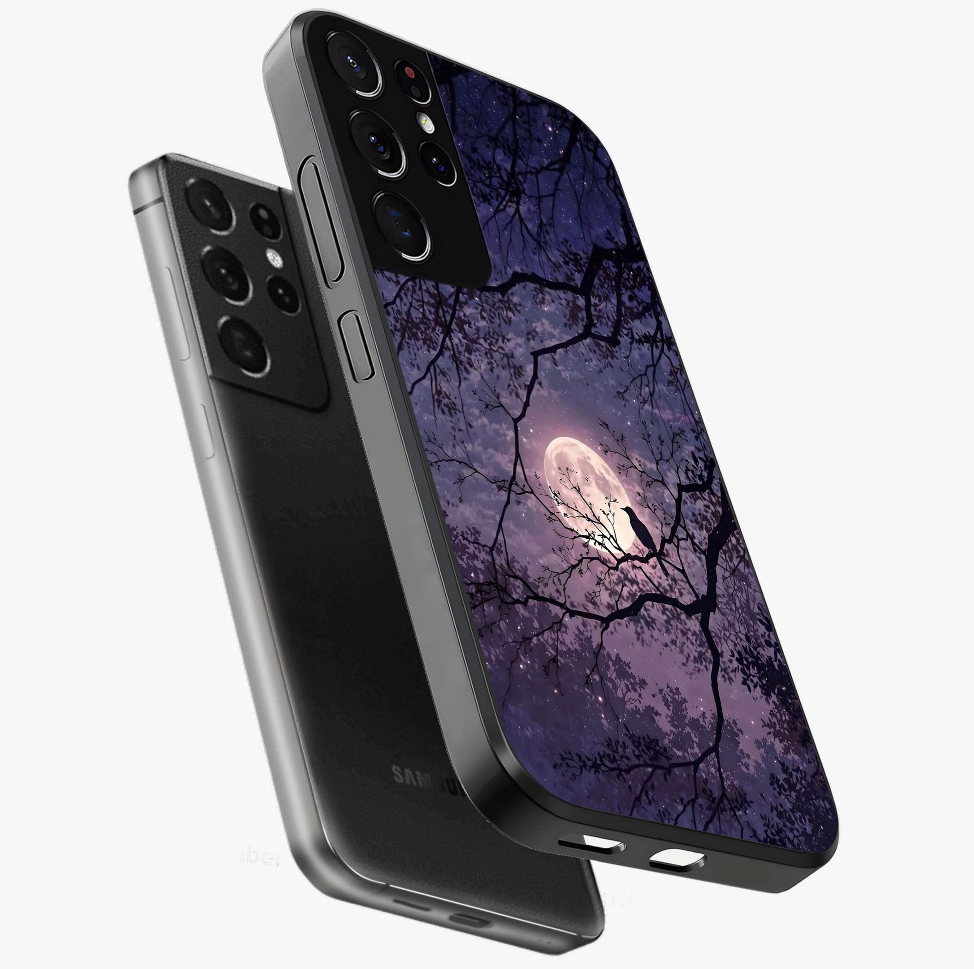 Whispering Moon Silence Glass Case displayed in angled mockup highlighting calm lunar design with dreamy night aesthetic.