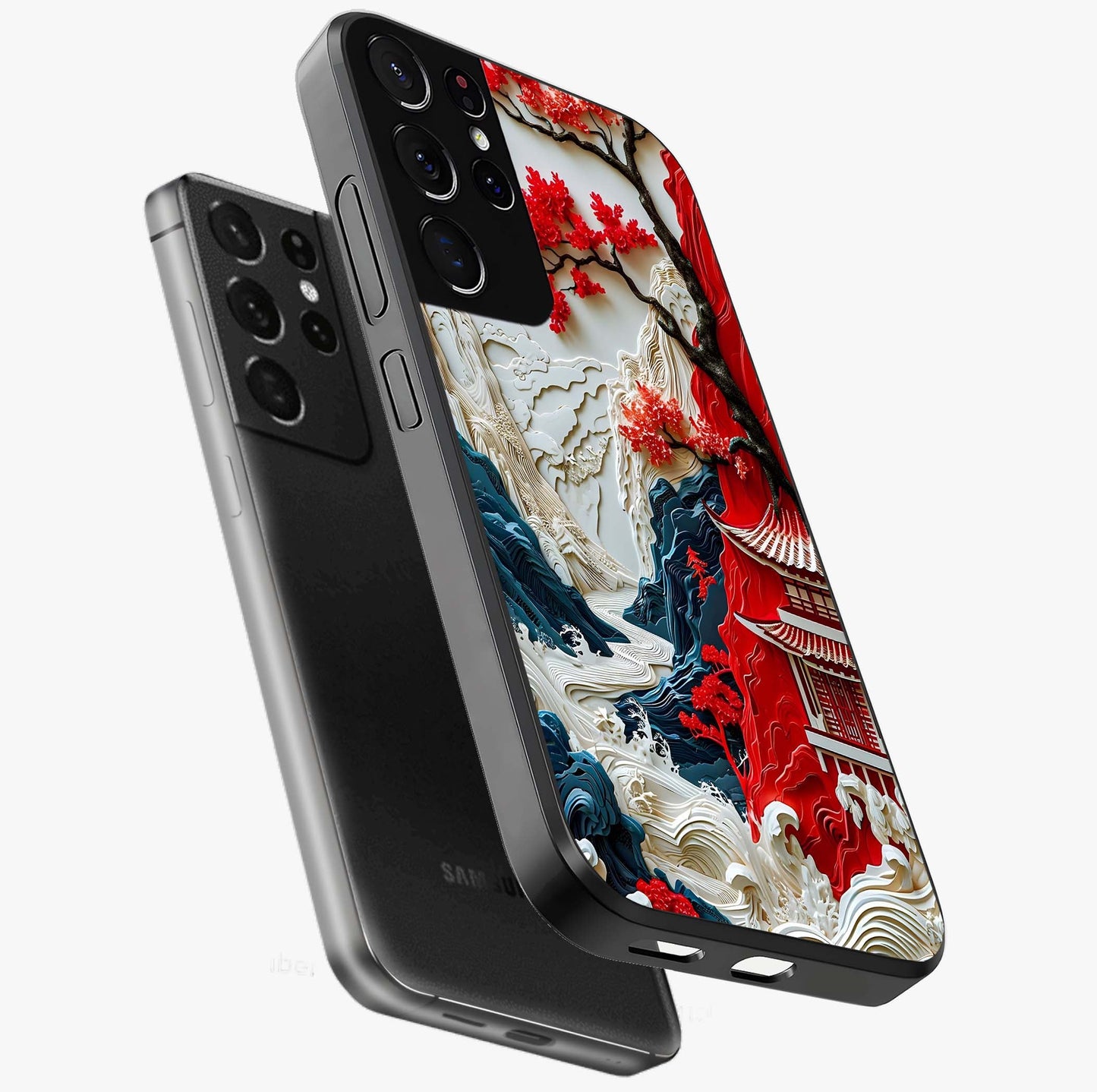 Whispers Of Sakura Waves Glass Case displayed in angled mockup highlighting flowing sakura design with soft floral aesthetic.