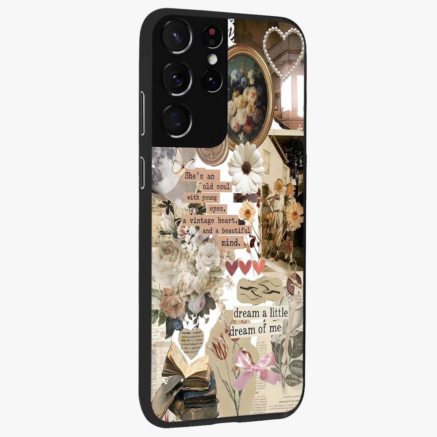Aesthetic Brown Vintage Collage Glass Case upright view showcasing nostalgic retro artwork with stylish vintage theme.