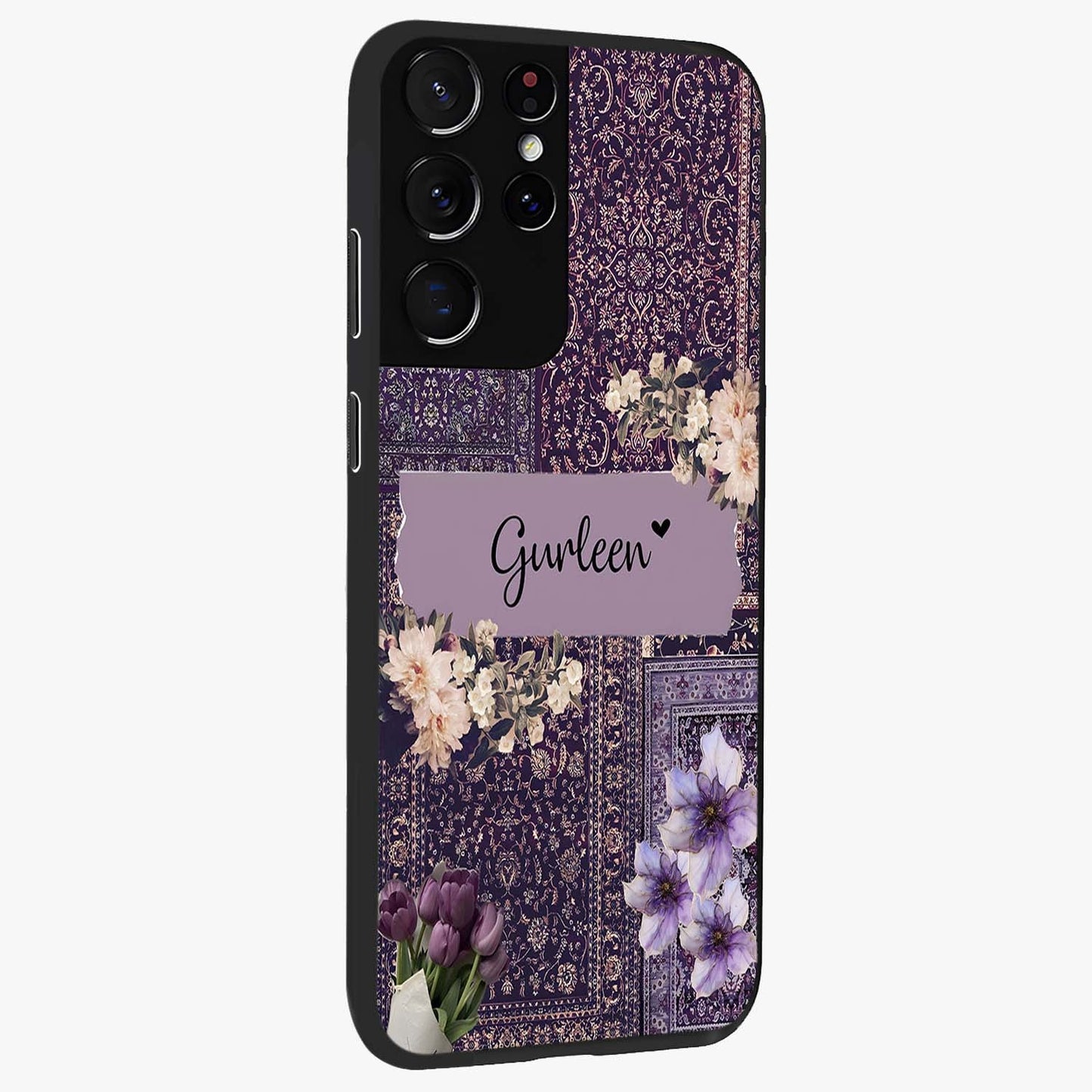 Antique Floral Whisper Custom Name Glass Case upright view showcasing delicate floral artwork with custom name feature.