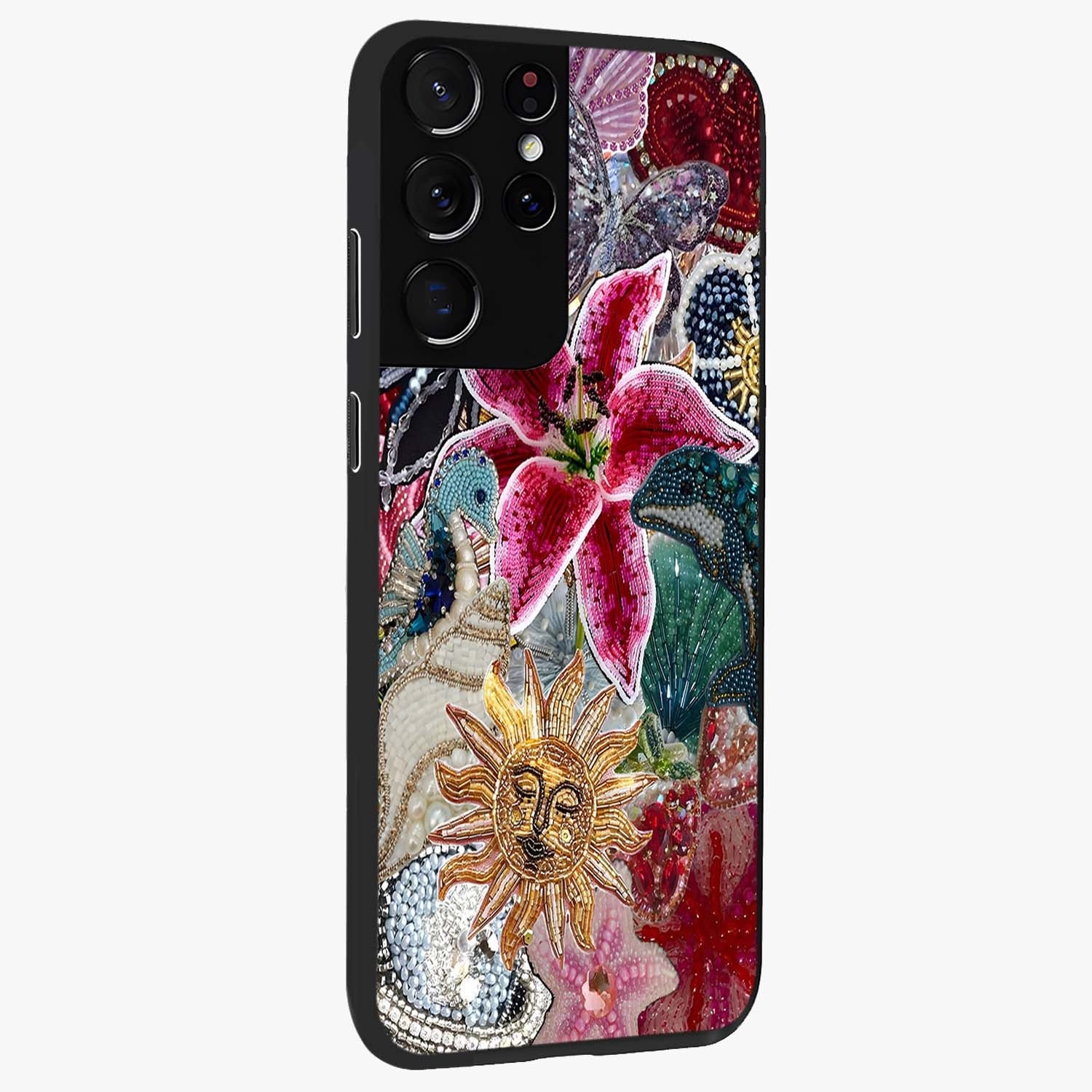 Beaded Garden Fantasy Glass Case upright view showcasing whimsical garden aesthetic with artistic bead details.