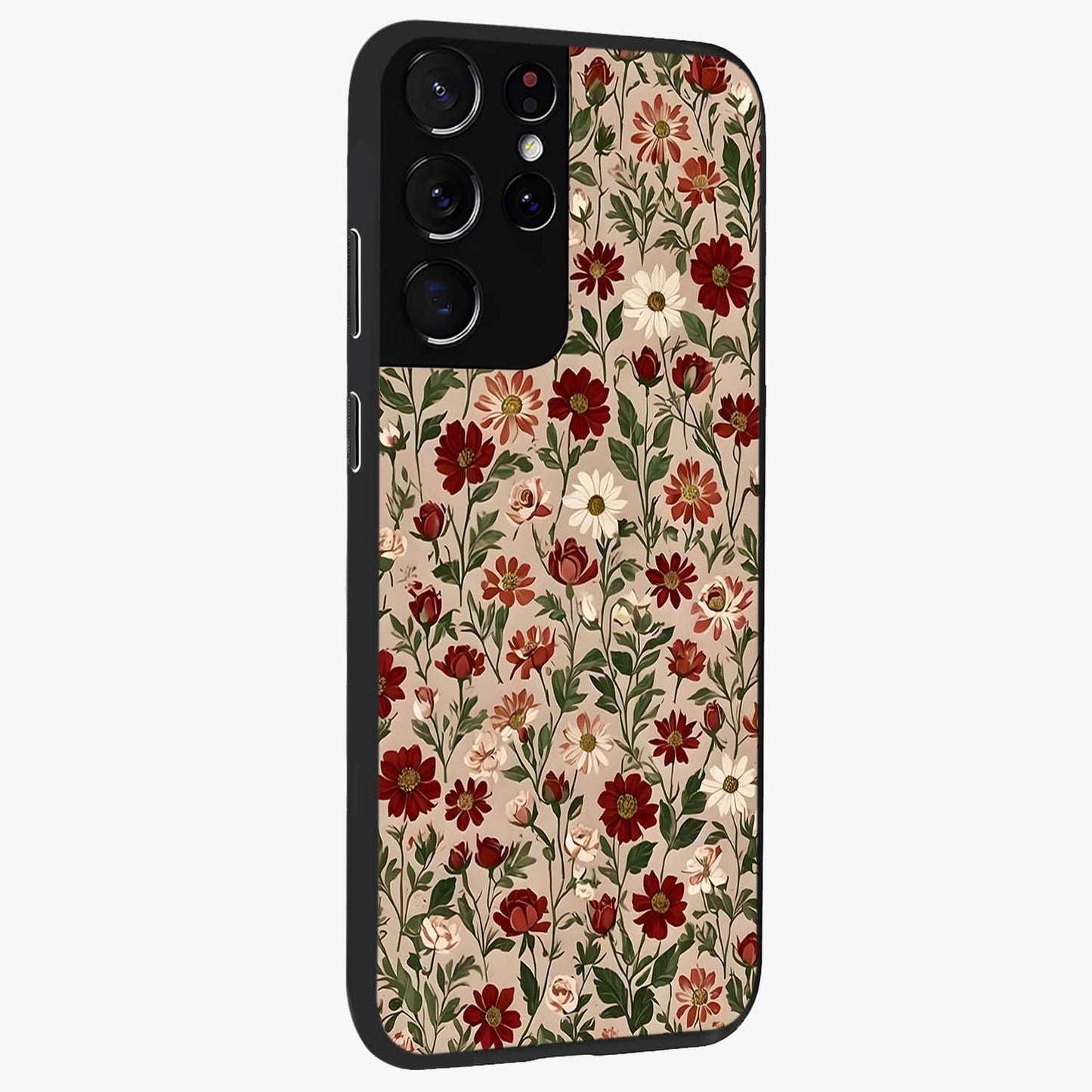 Biege Flower With Leaf Glass Case upright view showcasing delicate beige flower illustration with clean botanical style.