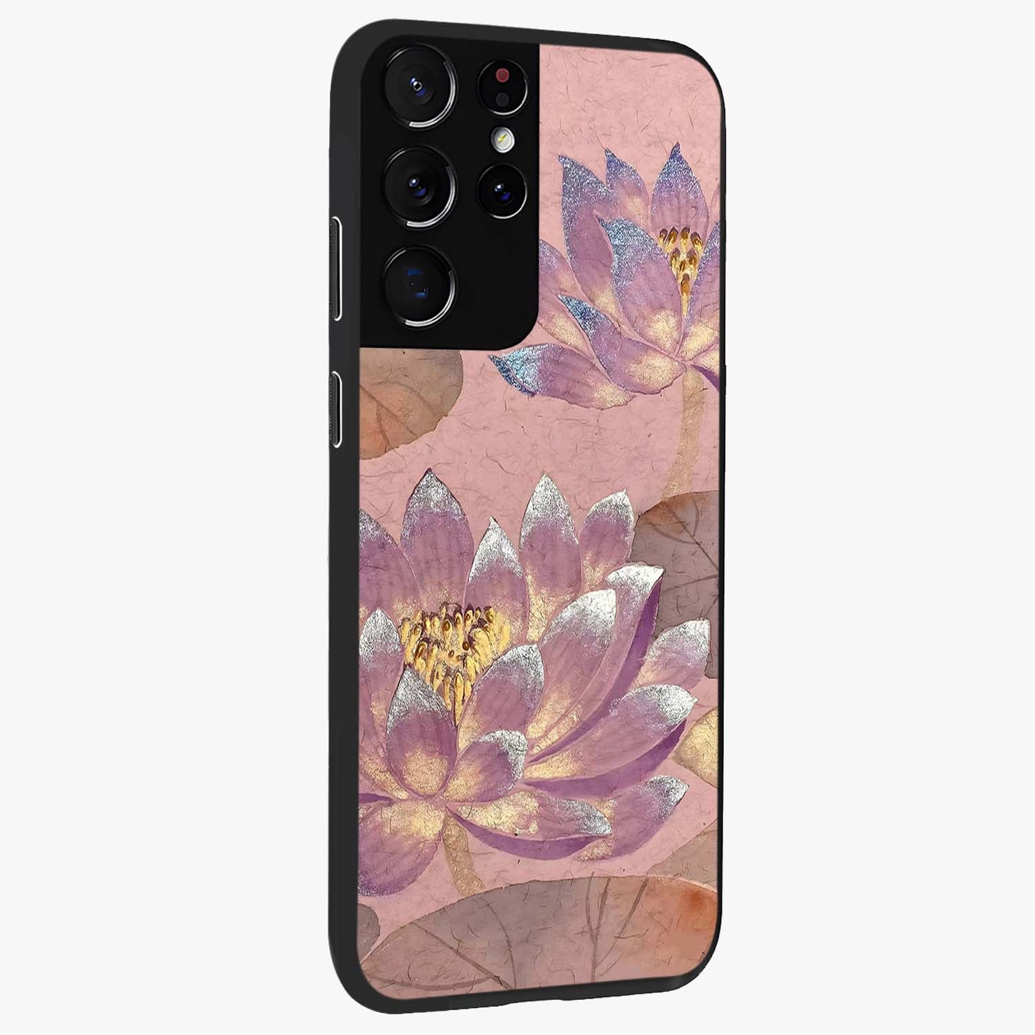 Blossom Mist Lotus Glass Case upright view showcasing graceful lotus flower design with peaceful botanical style.