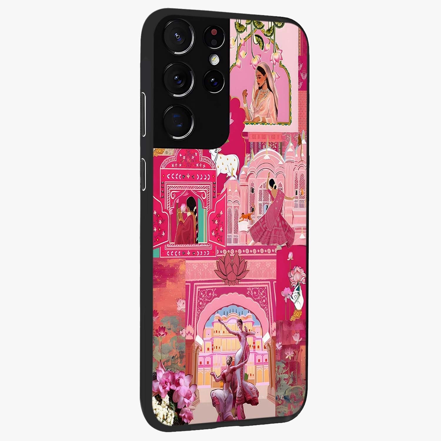 Blossoms of Rajasthan Glass Case upright view showcasing colorful floral design inspired by traditional Indian art.